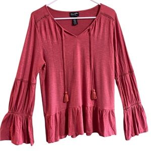 Wrangler Retro Rust Boho Blouse M –Tassel Tie V-Neck, Ruffle Hem & Cuffs | Weste